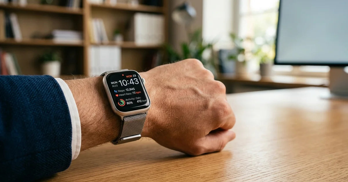 Bracelet acier milanais Apple Watch sur un poignet en contexte bureau