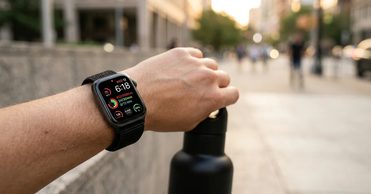 Apple Watch Series 11 strap on a wrist in a modern urban environment