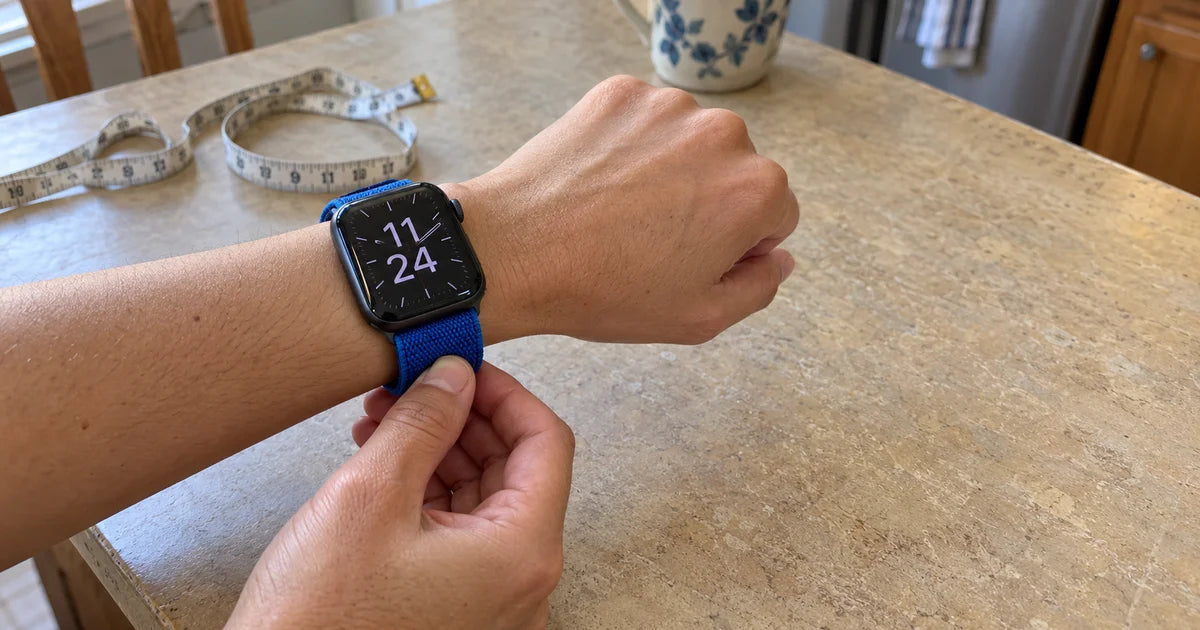 Apple Watch avec un bracelet en boucle nylon souple, mètre ruban enroulé autour d'un poignet fin sur une table blanche