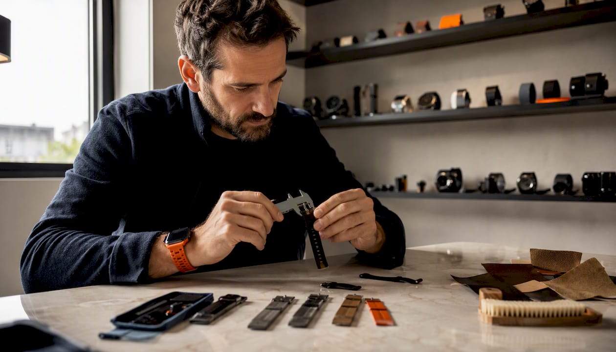 Un homme prend les mesures du bracelet QuickFit de sa montre Garmin. Image