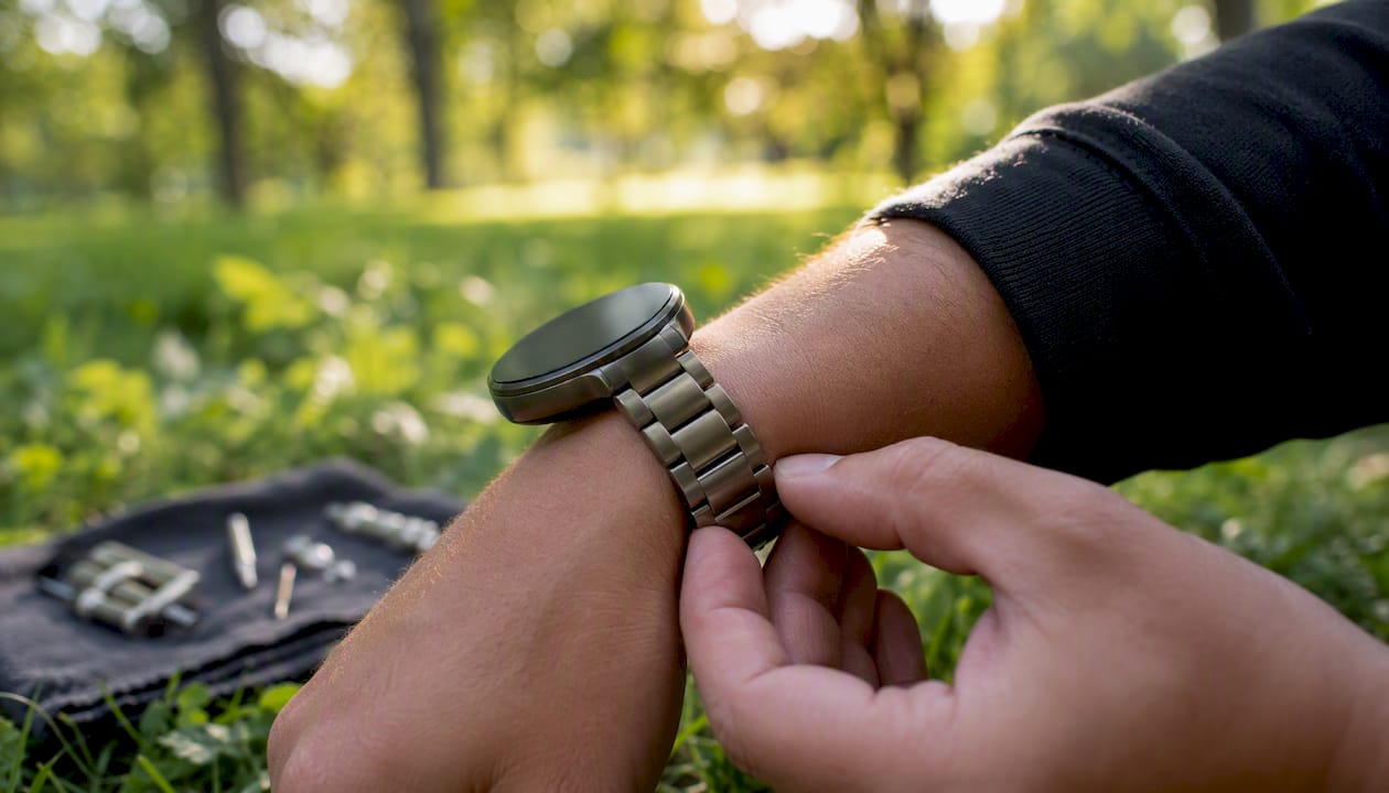 Une personne ajuste le bracelet en titane de sa montre connectée.