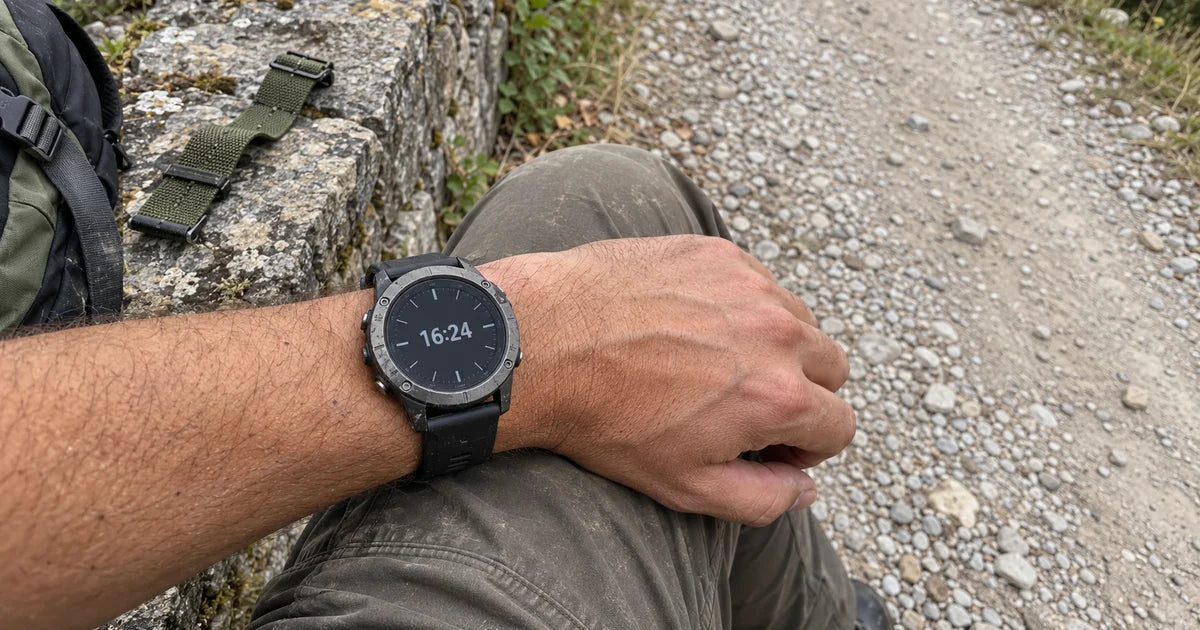 Garmin Fenix 5 avec un bracelet silicone noir QuickFit sur un sentier de montagne rocailleux