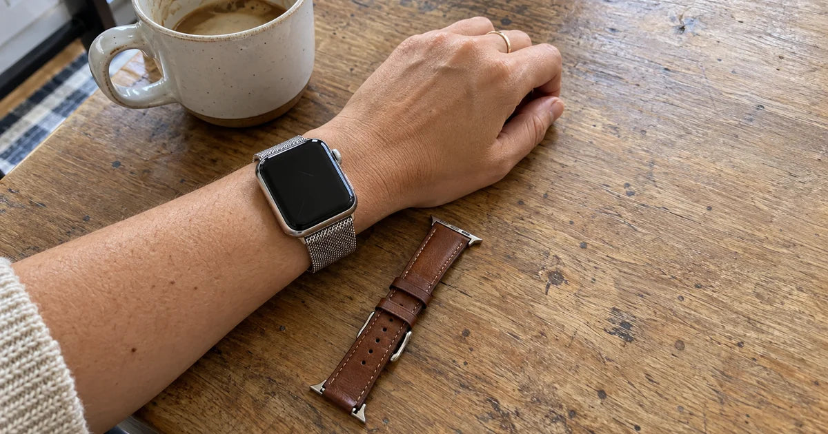 Apple Watch met een dun beige leer bandje om de pols, naast een kopje koffie en een linnen mouw