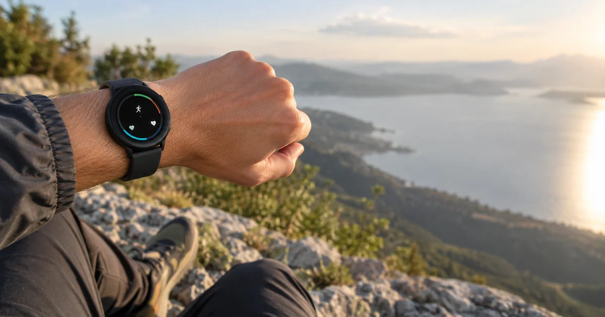 Curea de ceas Samsung Galaxy Watch sport pe o încheietură, în aer liber