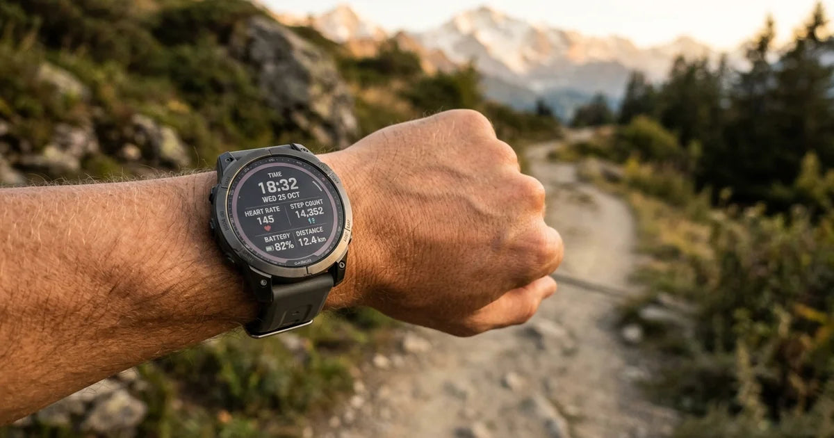 Curea sport Garmin Fenix 7 la încheietură, într-o drumeție la munte