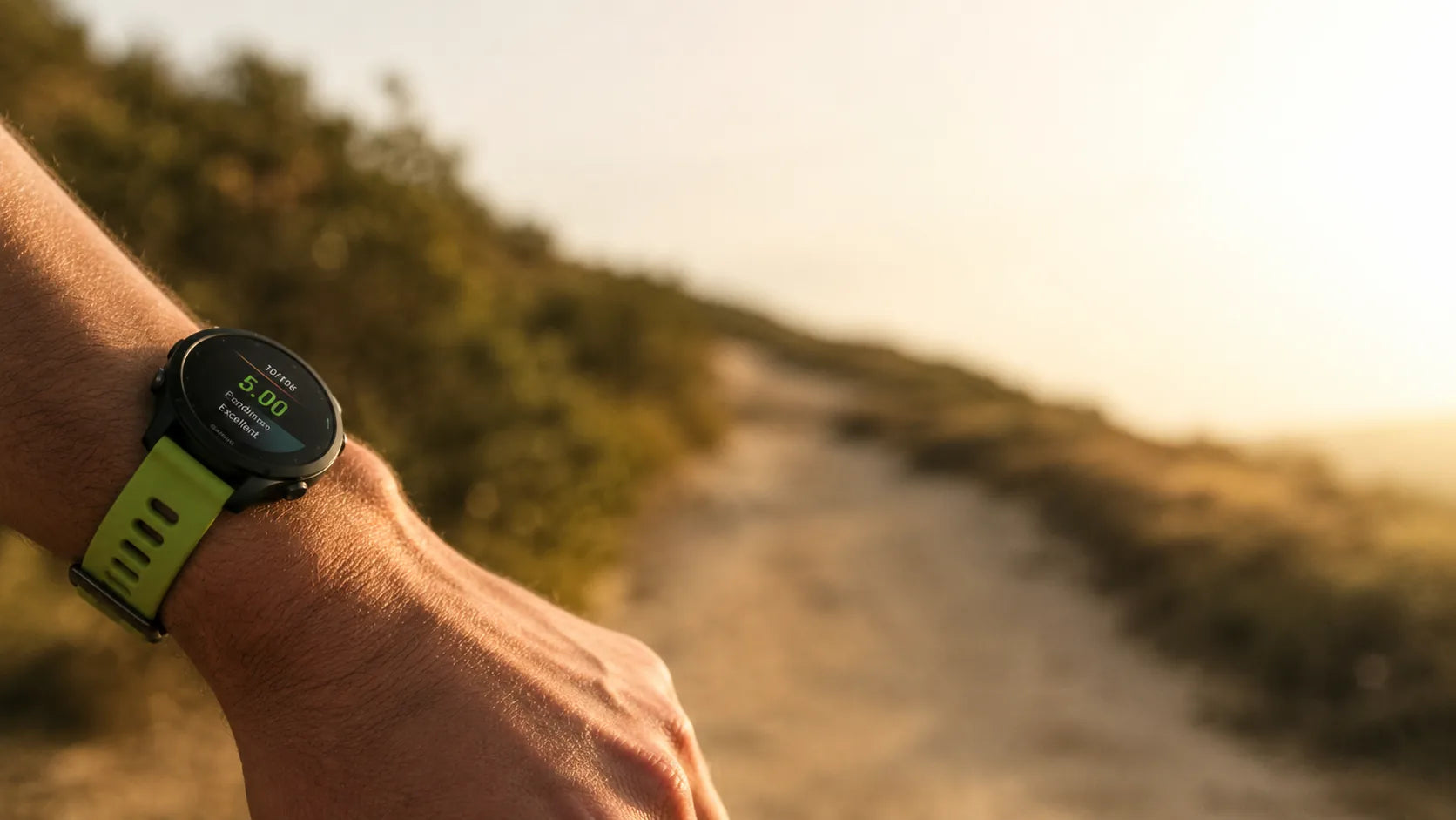 Garmin Forerunner 255 avec bracelet sport vert Clipz-it sur un sentier de trail au coucher du soleil