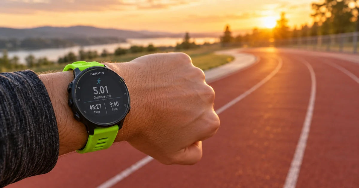 Bracelete Garmin Forerunner desportiva Quick-Release no pulso de um corredor