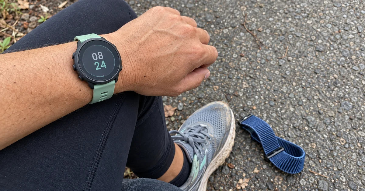 Garmin Forerunner 55 avec un bracelet silicone vert menthe sur la poignée d'un tapis de course dans une salle claire
