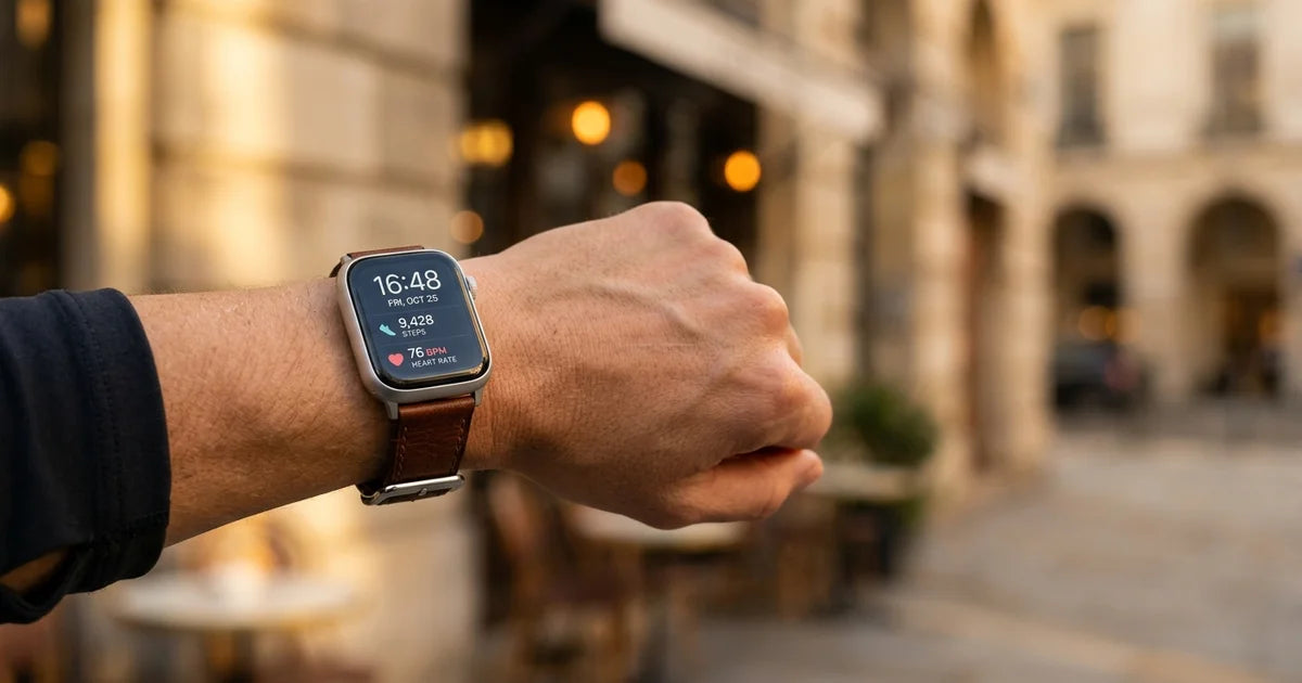 Bracelet cuir veritable Apple Watch sur un poignet en contexte elegant