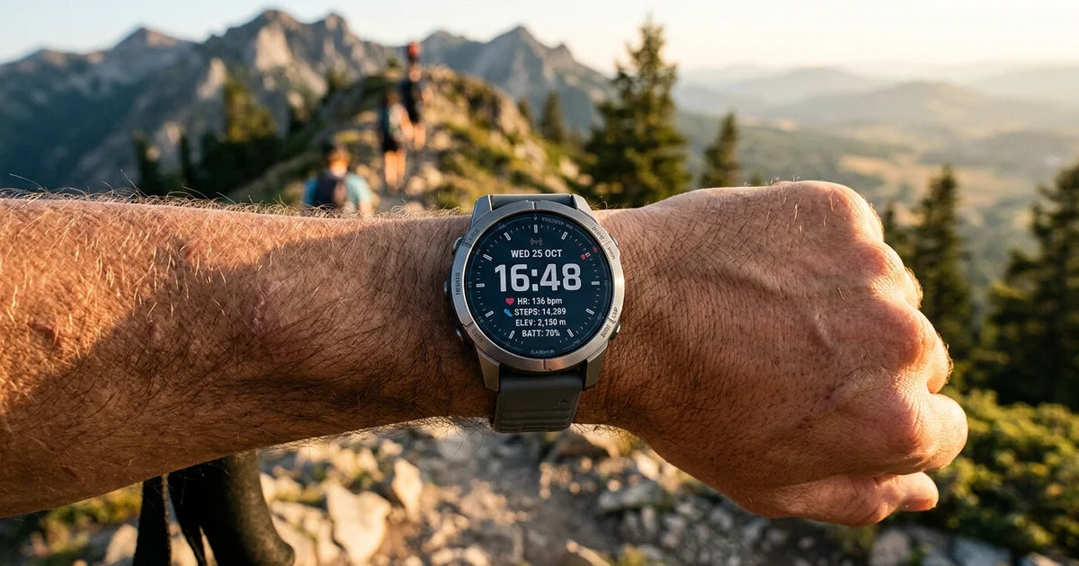 Outdoor-Silikonarmband für Garmin Fenix 8 am Handgelenk in den Bergen