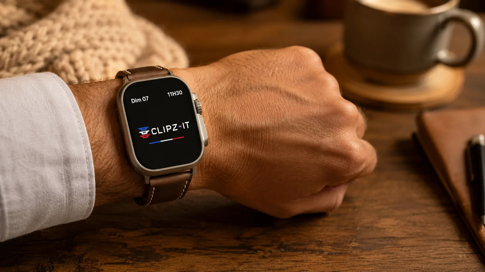 Poignet avec Apple Watch et bracelet cuir marron sur un bureau en bois, ambiance chaleureuse - Clipz-it