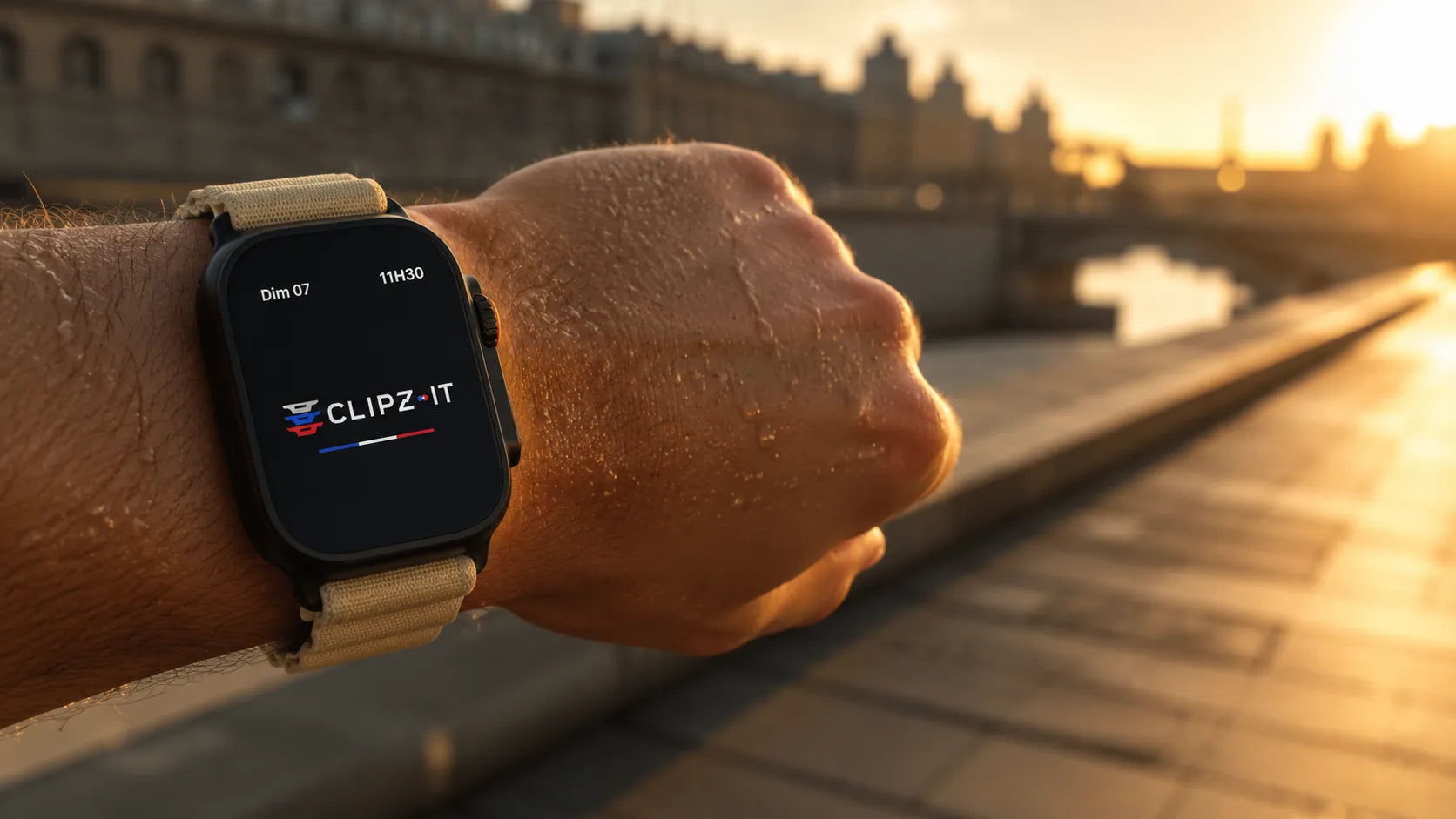 Poignet avec Apple Watch et bracelet nylon sportif lors d une course urbaine au lever du soleil - Clipz-it Image