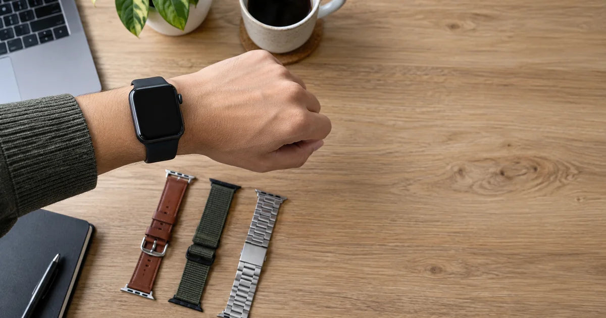 Comparação de materiais de bracelete smartwatch silicone nylon pele aço inoxidável