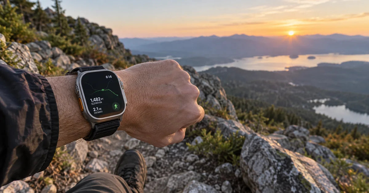 Apple Watch Ultra 2 avec un bracelet outdoor orange robuste, poignet sur le guidon d'un vélo de montagne en forêt
