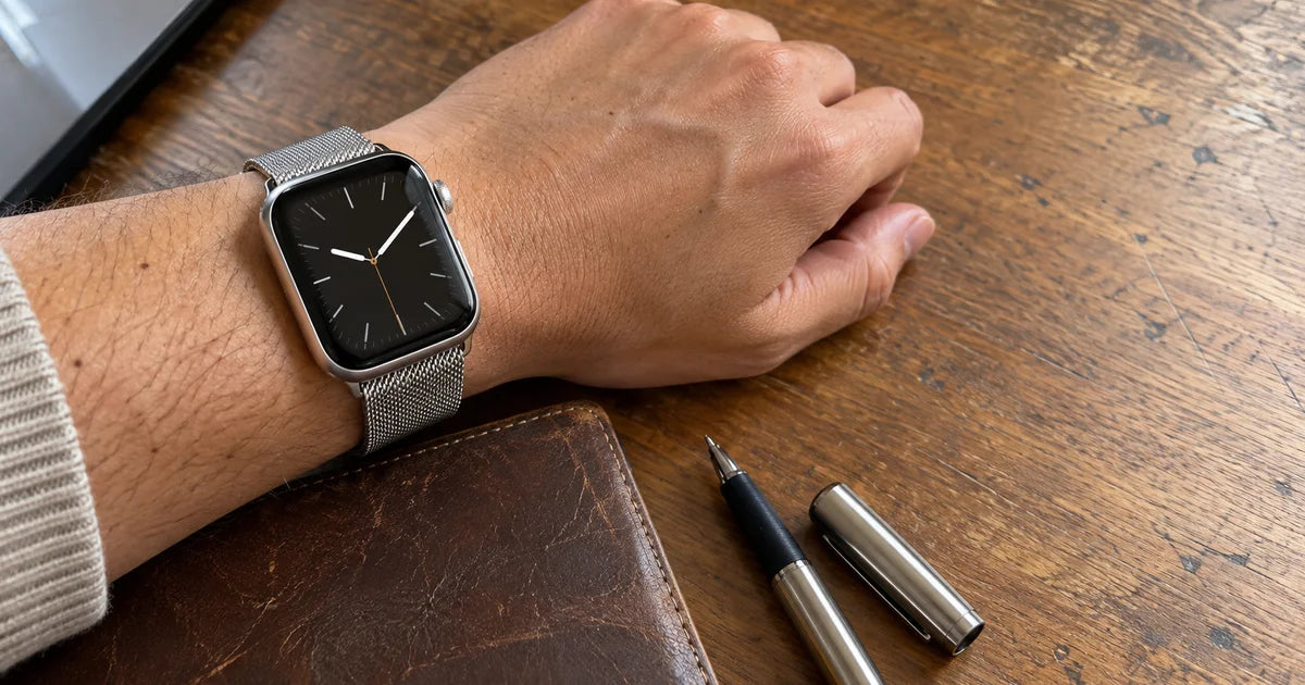 Apple Watch med läderarmband i rödbrunt med sadelsömmar, handled bredvid en reservoarpenna