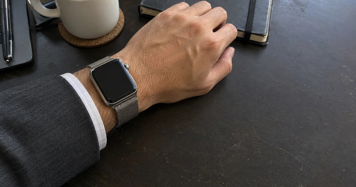 Apple Watch su elegantiška milaniška laikrodžio apyranke, padėtas ant tamsaus kostiumo rankovės, ant stalo