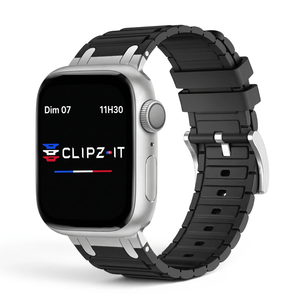 Bracelet Alvéole silicone noir, vue de face 3 - Apple Watch | Clipz-it