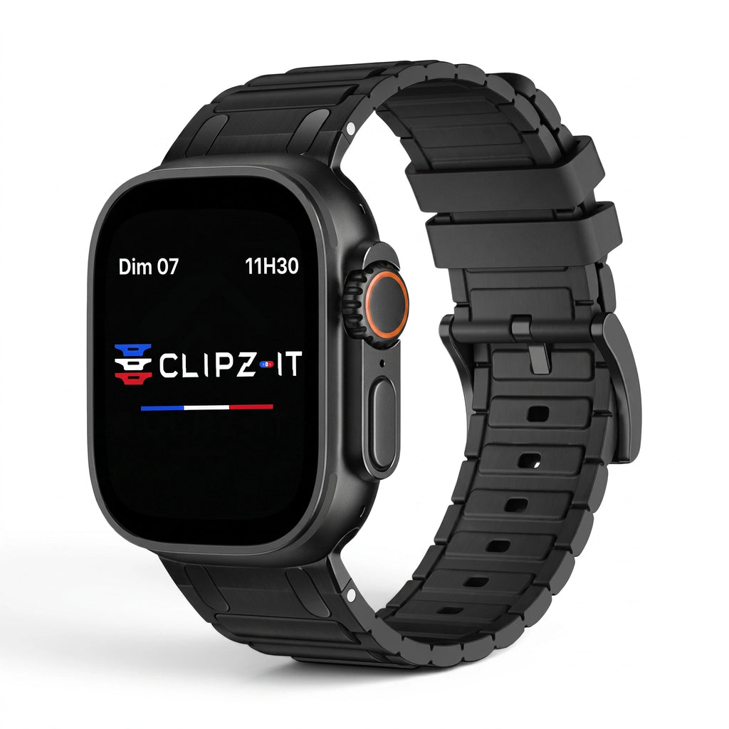 Bracelet Alvéole silicone noir, vue de face - Apple Watch | Clipz-it
