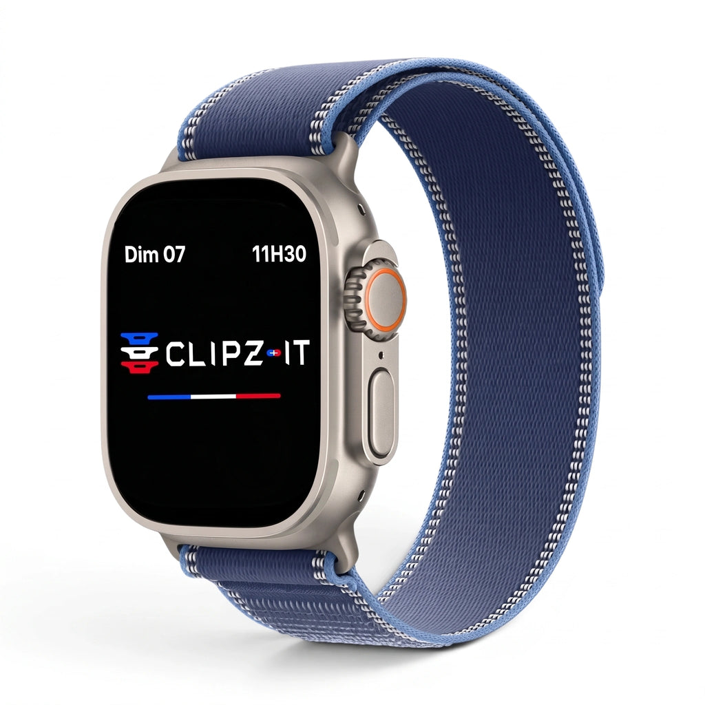 Bracelet Ampère nylon bleu, vue de face 2 - Apple Watch | Clipz-it