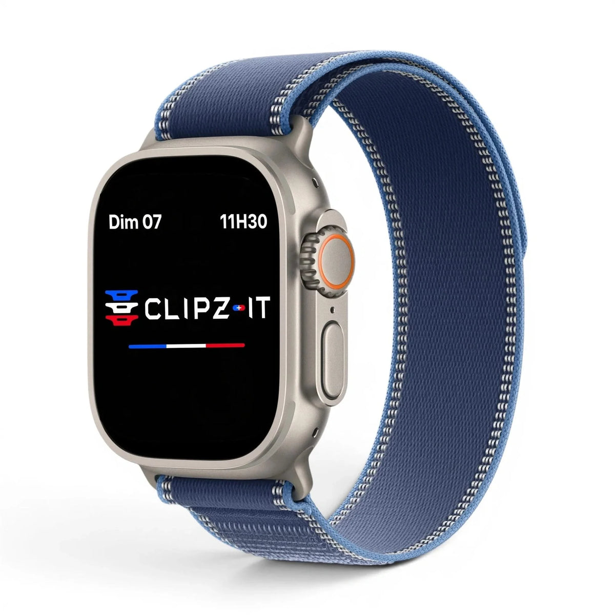 Bracelet Ampère nylon bleu, vue de face 2 - Apple Watch | Clipz-it