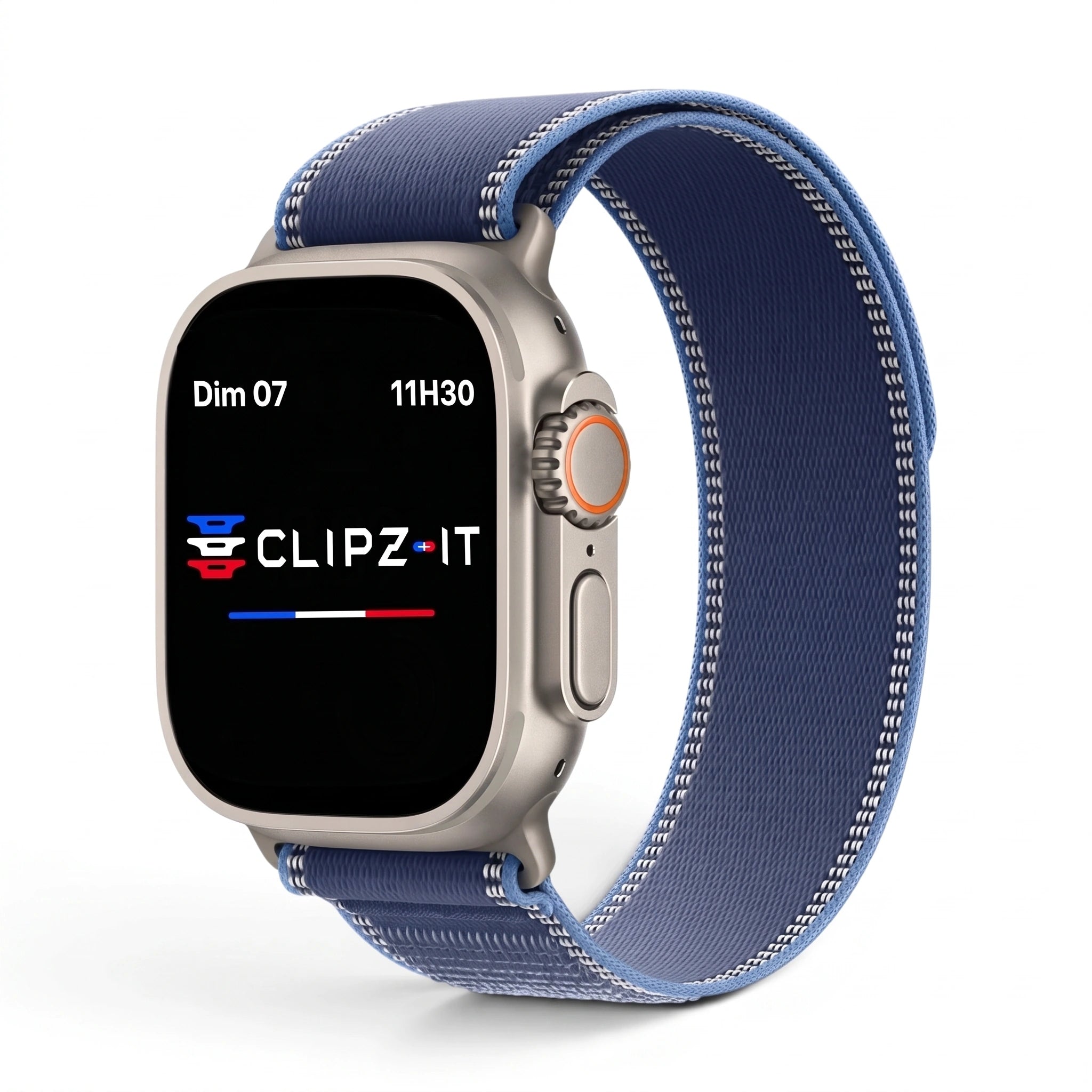 Bracelet Ampère nylon bleu, vue de face 2 - Apple Watch | Clipz-it