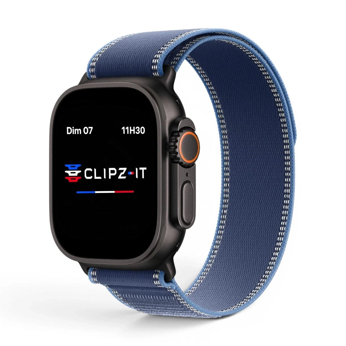 Bracelet Ampère nylon bleu, vue de face - Apple Watch | Clipz-it