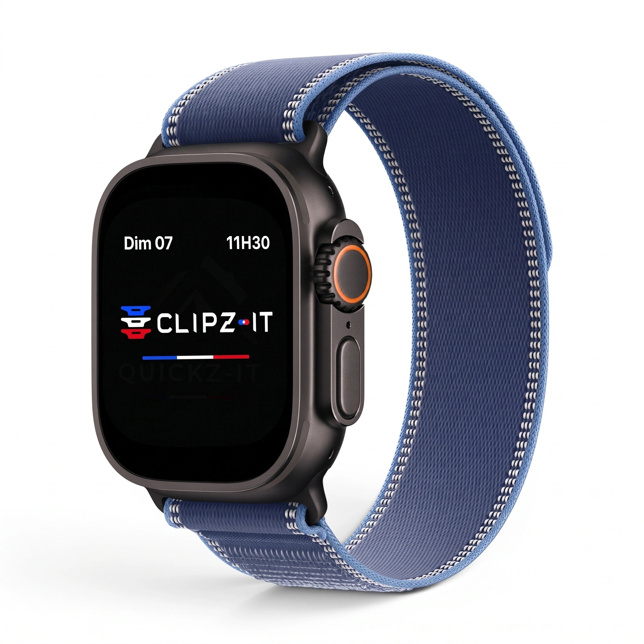 Bracelet Ampère nylon bleu, vue de face - Apple Watch | Clipz-it