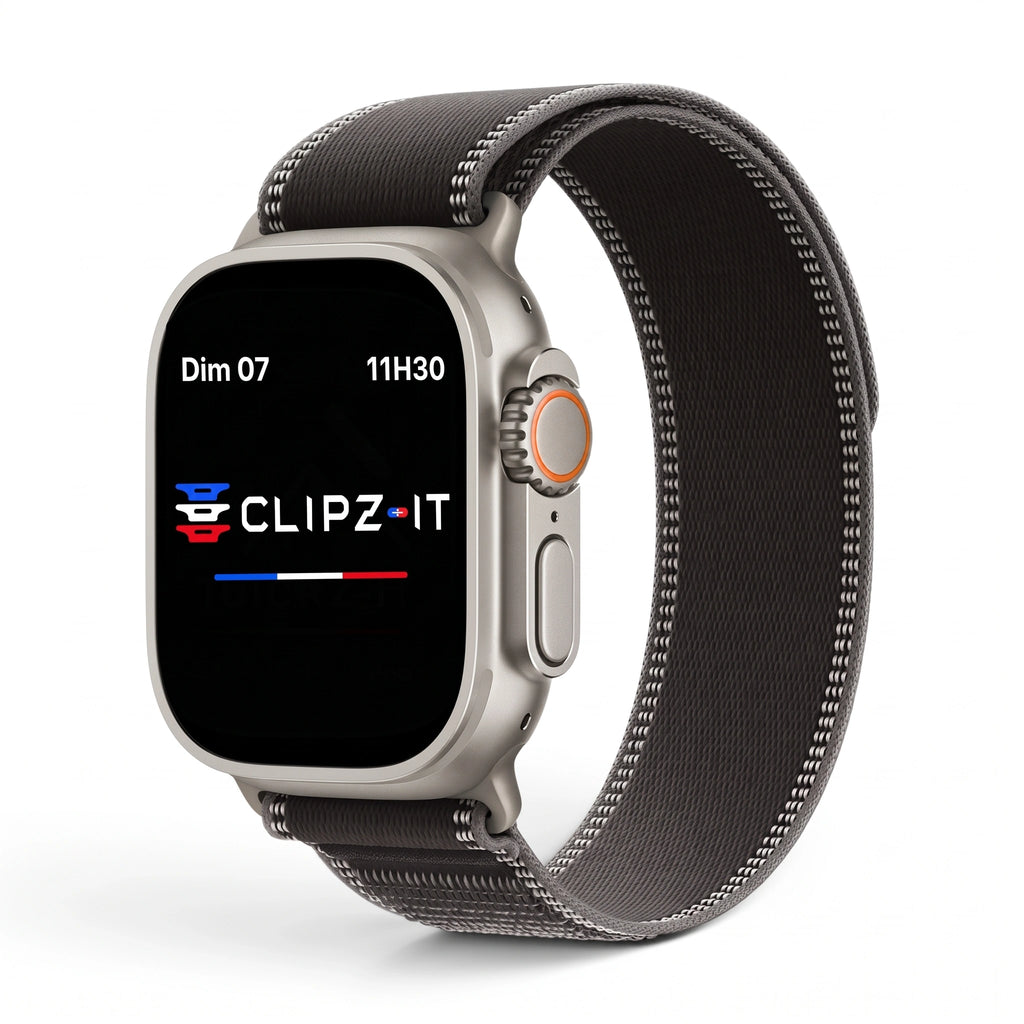Bracelet Ampère nylon noir, vue de face 2 - Apple Watch | Clipz-it