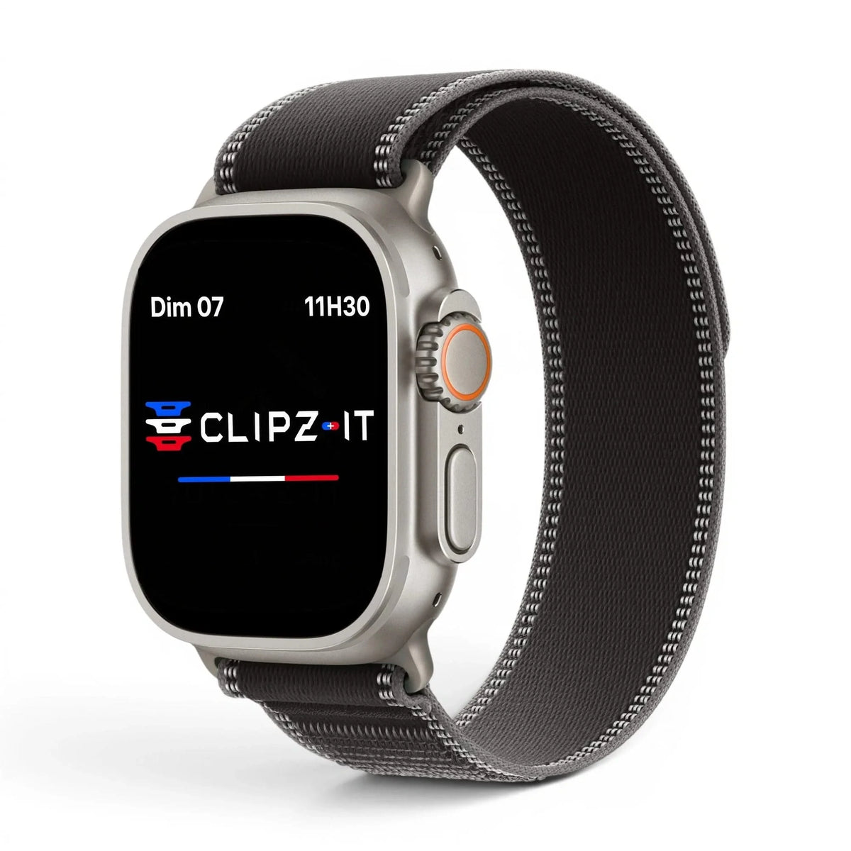 Bracelet Ampère nylon noir, vue de face 2 - Apple Watch | Clipz-it