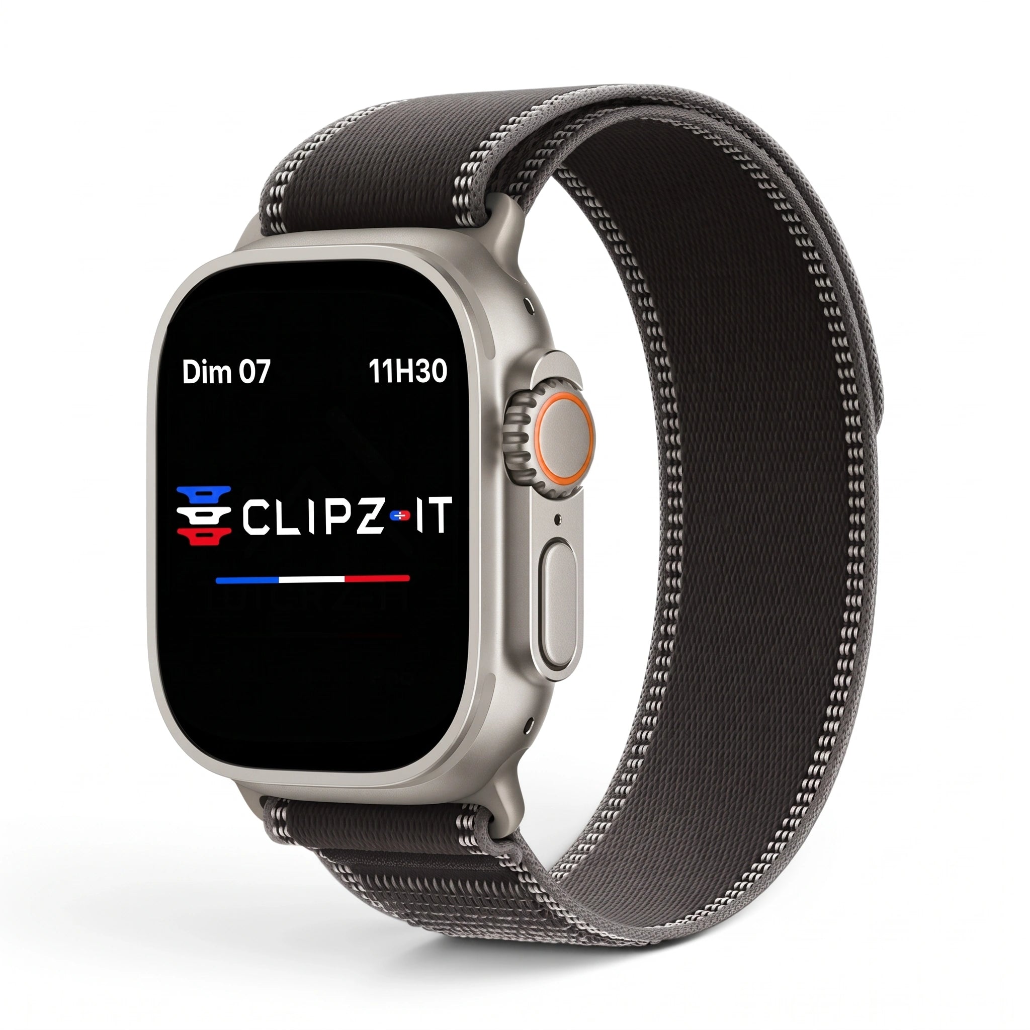 Bracelet Ampère nylon noir, vue de face 2 - Apple Watch | Clipz-it