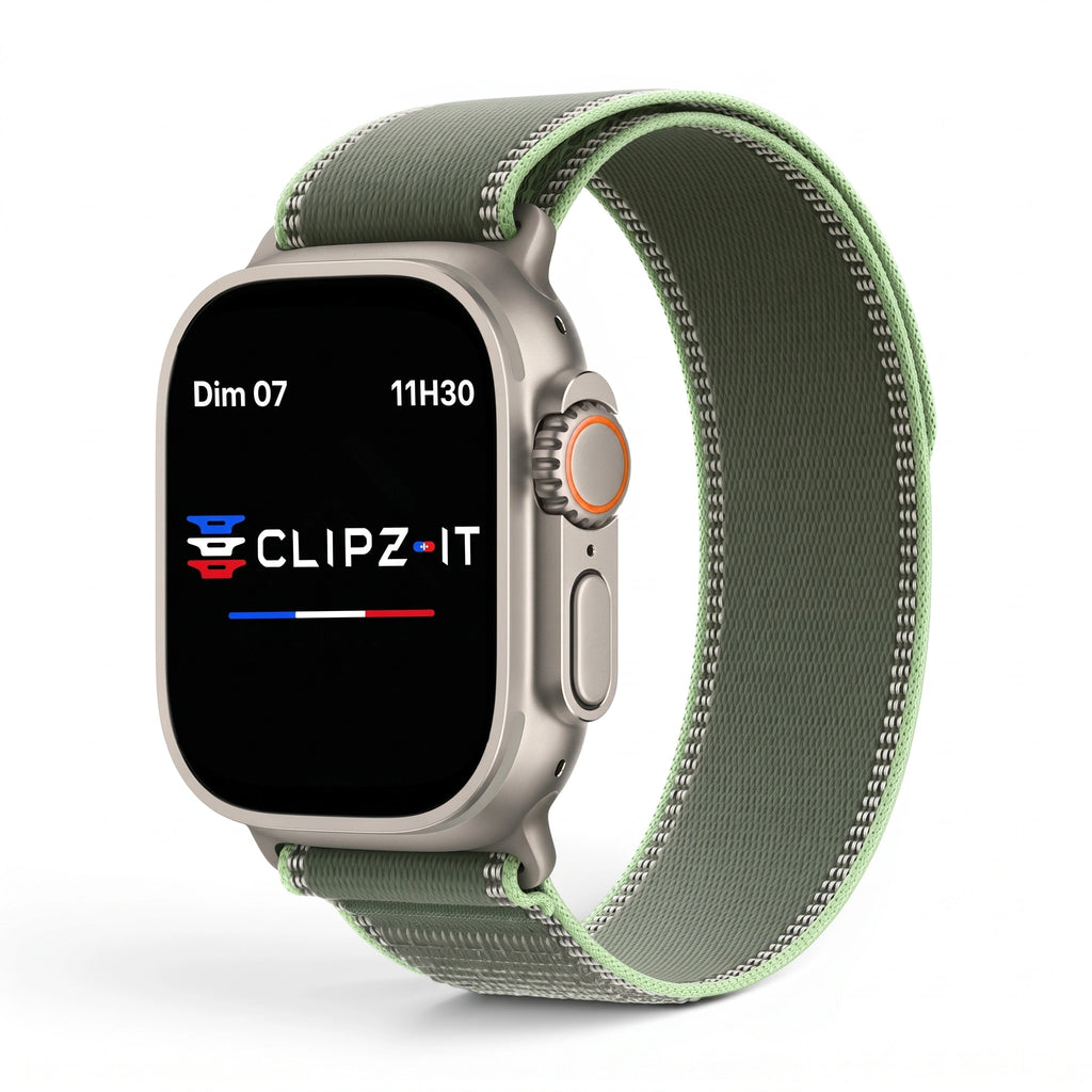 Bracelet Ampère nylon vert, vue de face 2 - Apple Watch | Clipz-it