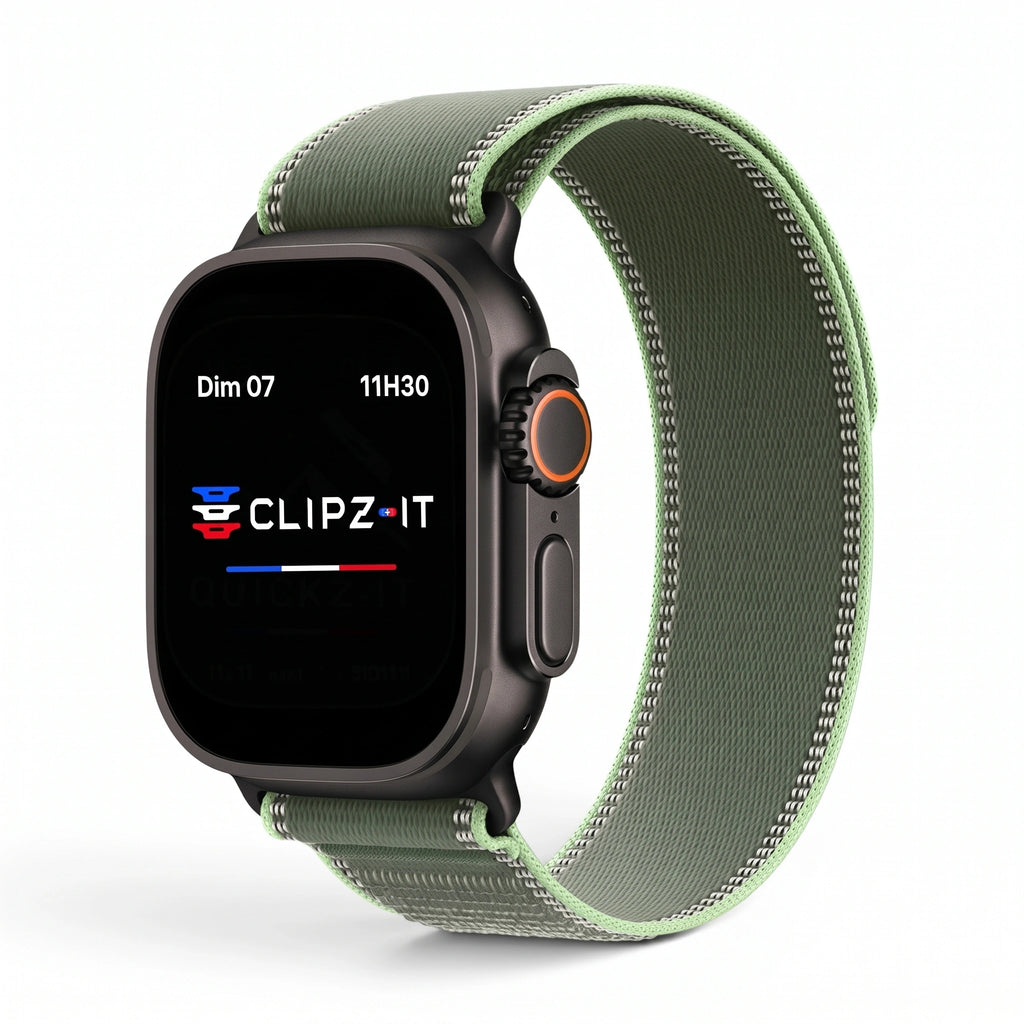 Bracelet Ampère nylon vert, vue de face - Apple Watch | Clipz-it