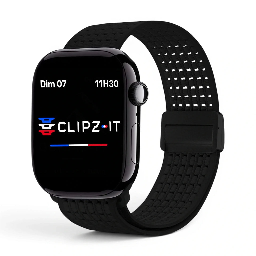 Bracelet Astra nylon noir, vue de face - Apple Watch | Clipz-it