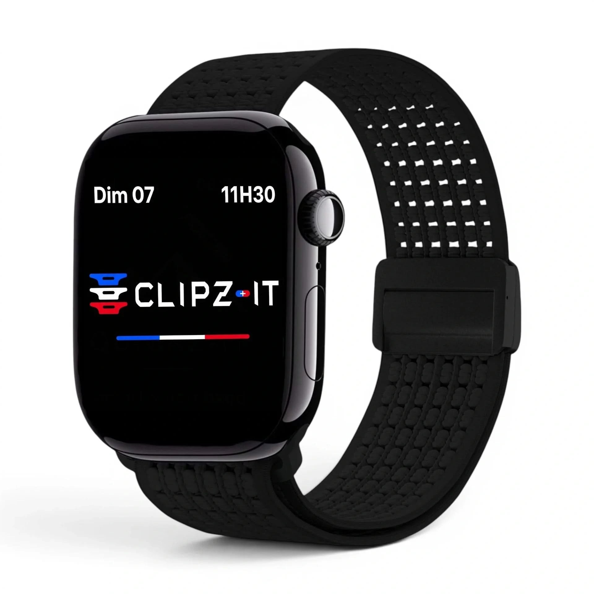 Bracelet Astra nylon noir, vue de face - Apple Watch | Clipz-it
