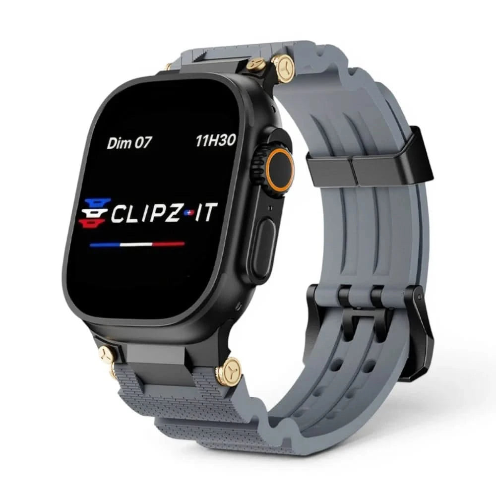 Bracelet Aureus silicone plaqué or gris, vue de face 2 - Apple Watch | Clipz-it
