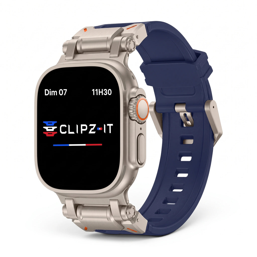 Bracelet Bouclier silicone & titane bleu, vue de face 2 - Apple Watch | Clipz-it