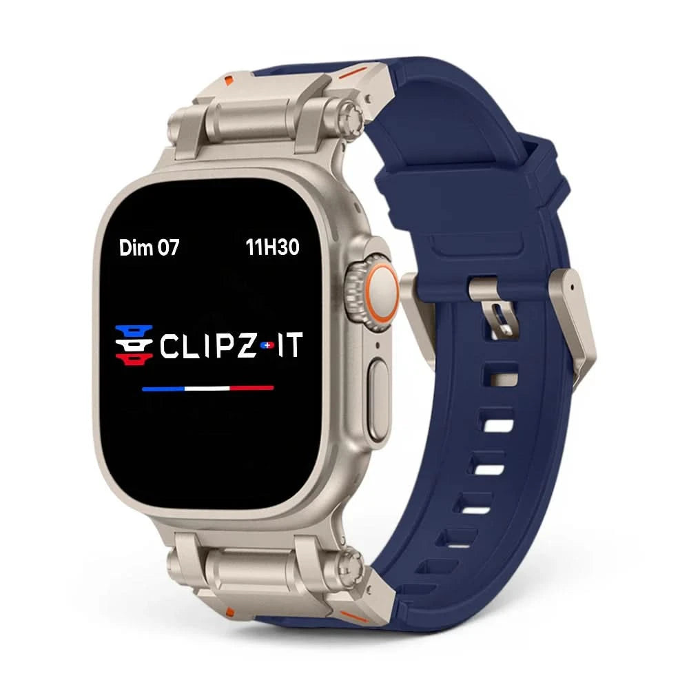 Bracelet Bouclier silicone & titane bleu, vue de face 2 - Apple Watch | Clipz-it