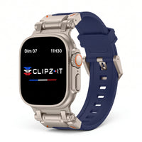 Bracelet Bouclier silicone & titane bleu, vue de face 2 - Apple Watch | Clipz-it