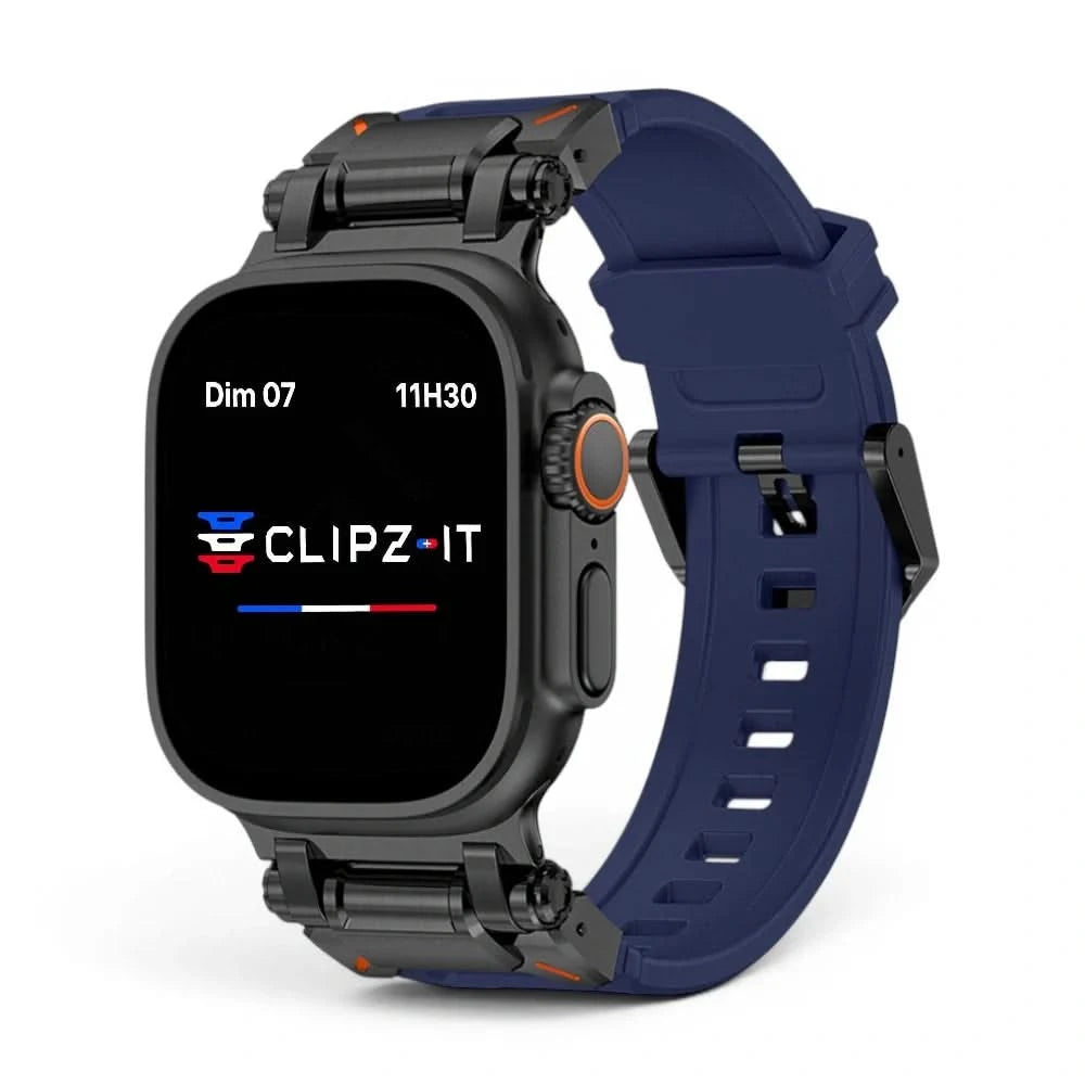 Bracelet Bouclier silicone & titane bleu, vue de face - Apple Watch | Clipz-it