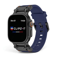 Bracelet Bouclier silicone & titane bleu, vue de face - Apple Watch | Clipz-it