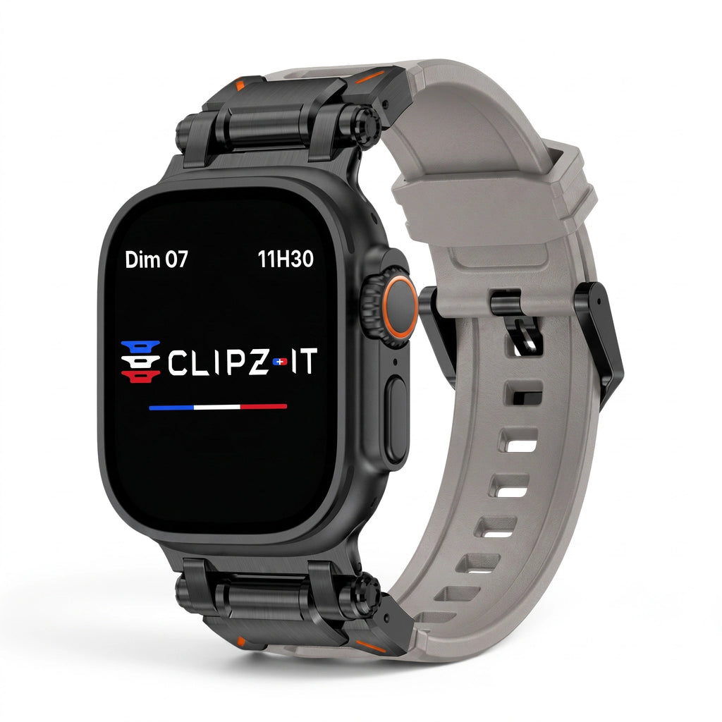 Bracelet Bouclier silicone & titane gris, vue de face 2 - Apple Watch | Clipz-it
