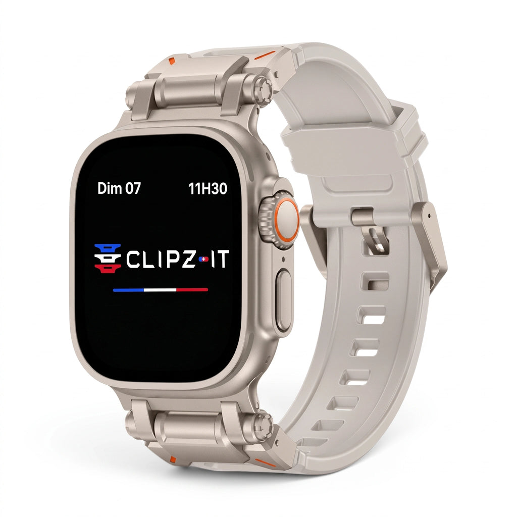 Bracelet Bouclier silicone & titane gris, vue de face - Apple Watch | Clipz-it