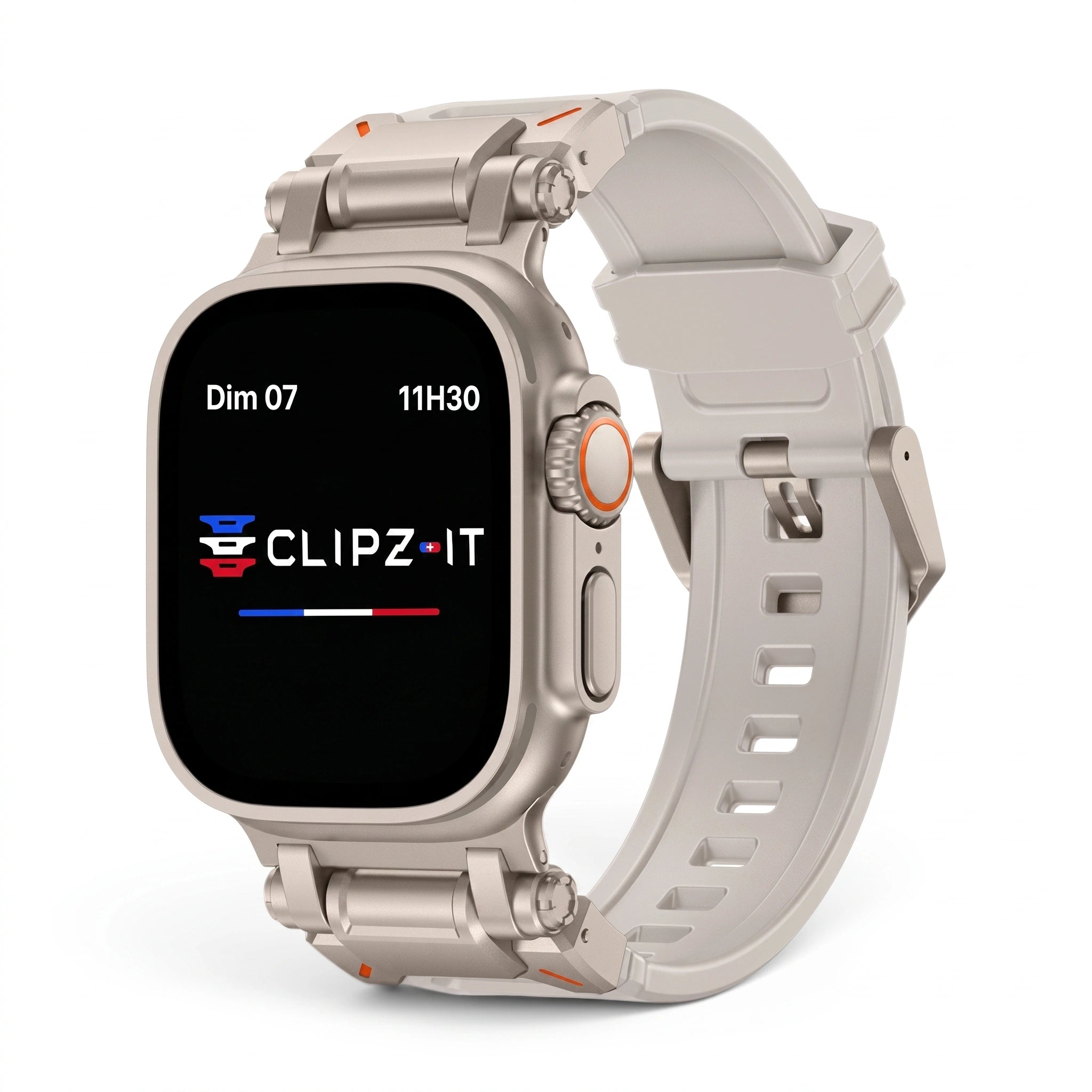 Bracelet Bouclier silicone & titane gris, vue de face - Apple Watch | Clipz-it