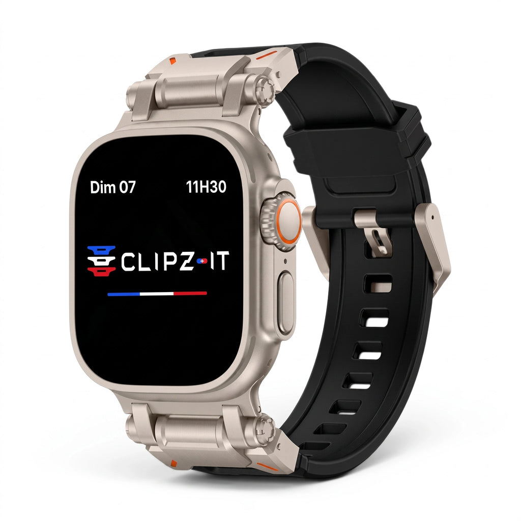 Bracelet Bouclier silicone & titane noir, vue de face 2 - Apple Watch | Clipz-it