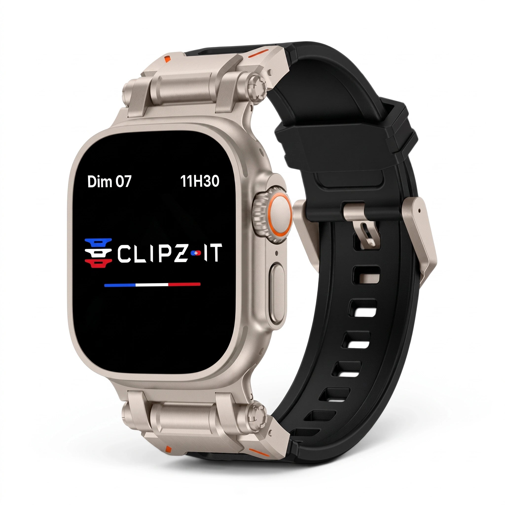 Bracelet Bouclier silicone & titane noir, vue de face 2 - Apple Watch | Clipz-it