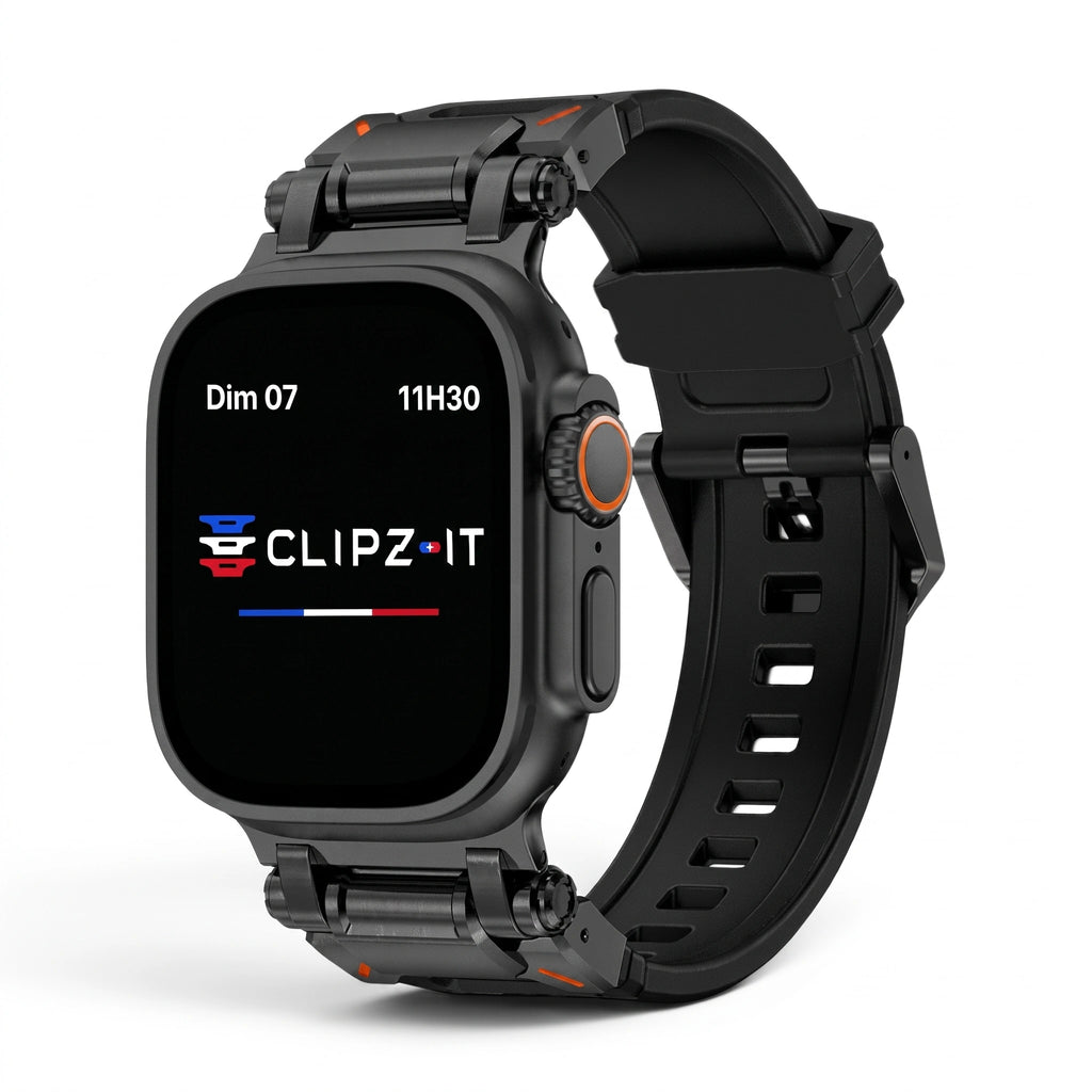 Bracelet Bouclier silicone & titane noir, vue de face - Apple Watch | Clipz-it