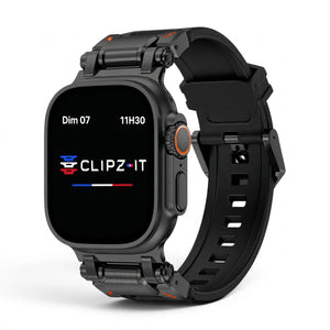 Bracelet Bouclier silicone & titane noir, vue de face - Apple Watch | Clipz-it