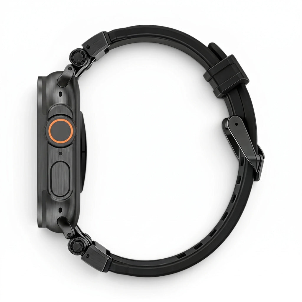 Bracelet Bouclier silicone & titane noir, vue de profil - Apple Watch | Clipz-it