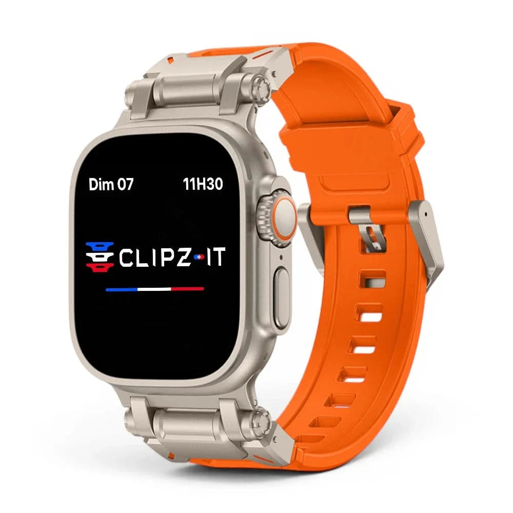 Bracelet Bouclier silicone & titane orange, vue de face 2 - Apple Watch | Clipz-it