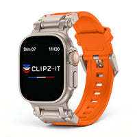 Bracelet Bouclier silicone & titane orange, vue de face 2 - Apple Watch | Clipz-it